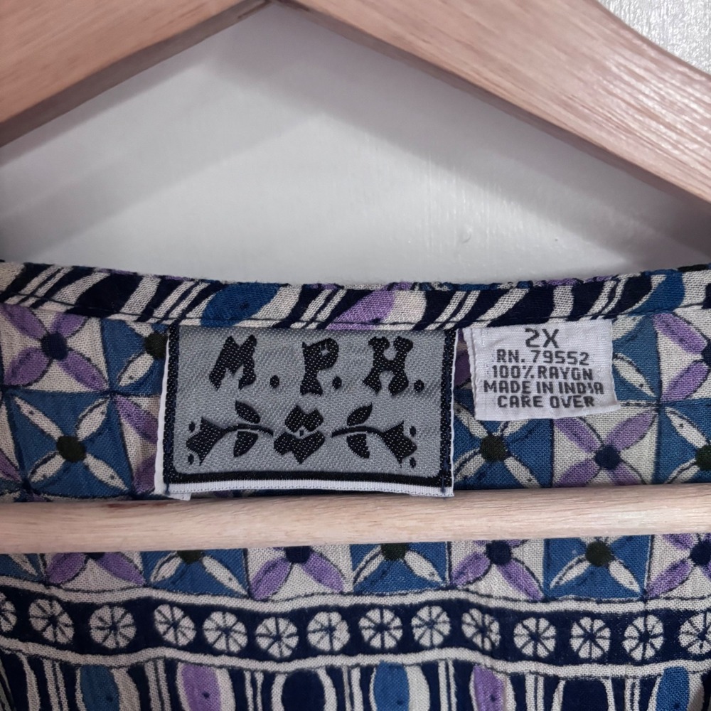 MPH Women 2X Blue Purple Boho Rayon Button Front Maxi Dress Mixed Print Tie Back - Picture 6 of 10